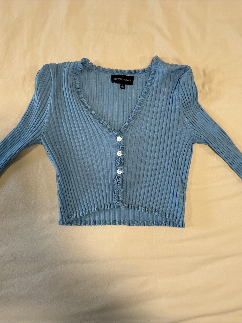 Cotton Candy LA Blue Ribbed Crochet-Trim Cropped Button Up